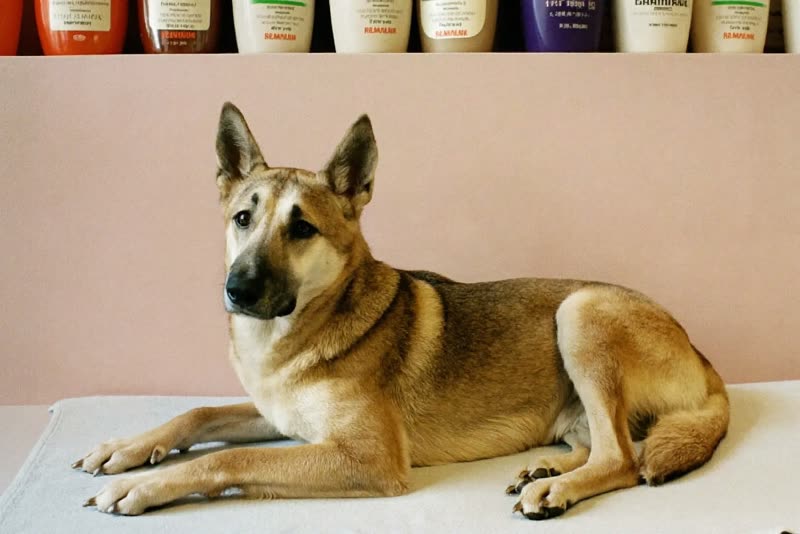 A calm dog resting on a towel after grooming beside a shelf of unlabelled bottles