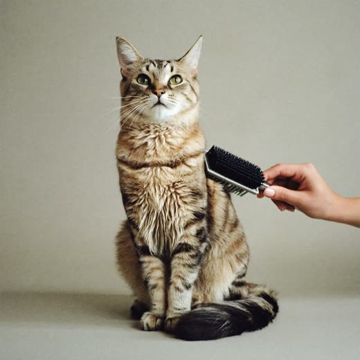 A long-haired cat being brushed with a slicker brush